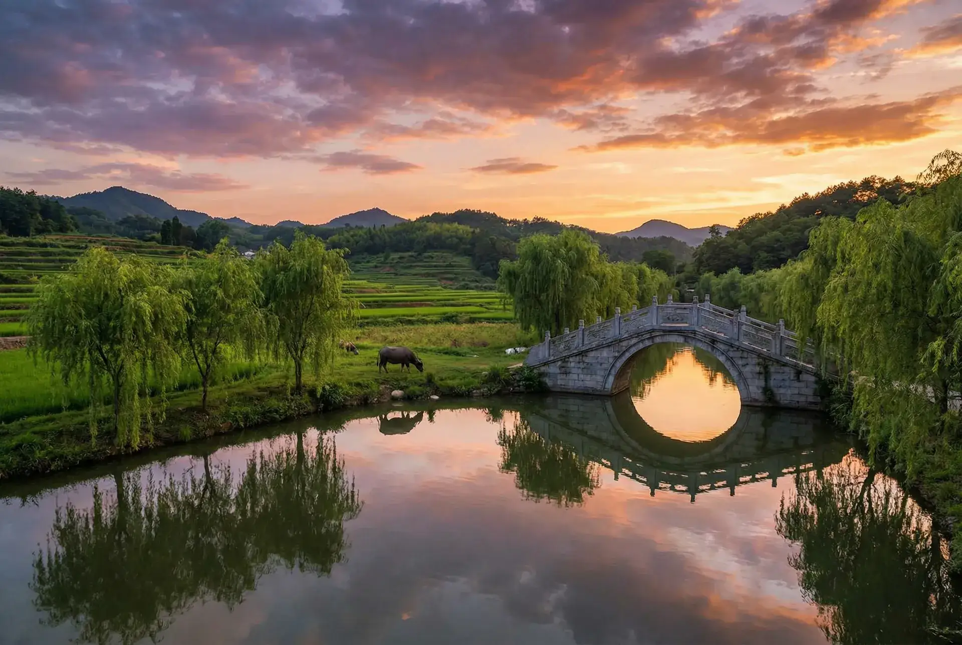夕阳下的石拱桥与垂柳，水牛在河边吃草 - 天天影视网色 乡村美景